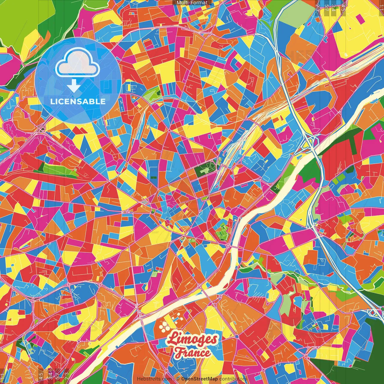 Limoges, Haute-Vienne, France Crazy Colorful Street Map Poster Template
