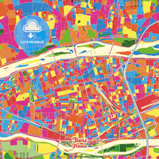 Tours, Indre-et-Loire, France Crazy Colorful Street Map Poster Template