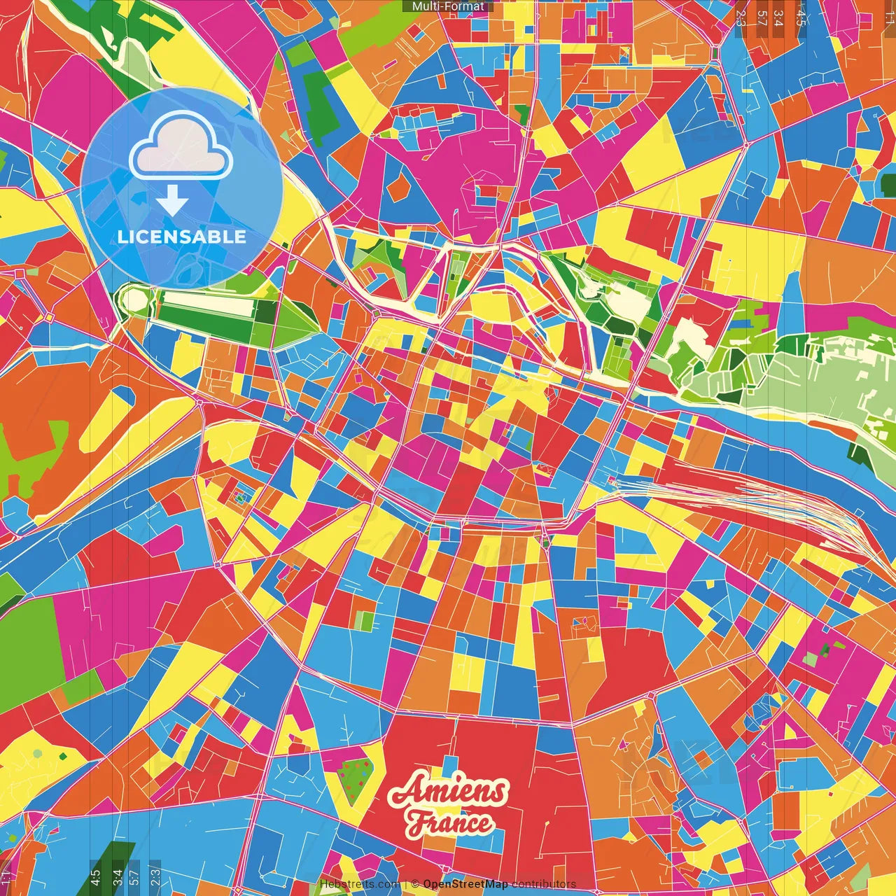 Amiens, Somme, France Crazy Colorful Street Map Poster Template