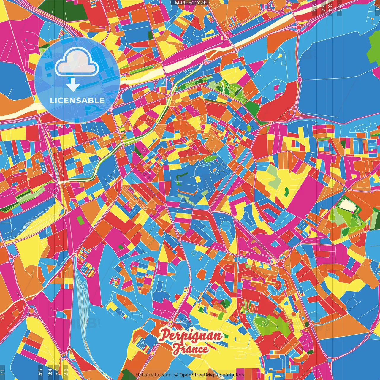 Perpignan, Pyrénées-Orientales, France Crazy Colorful Street Map Poster Template
