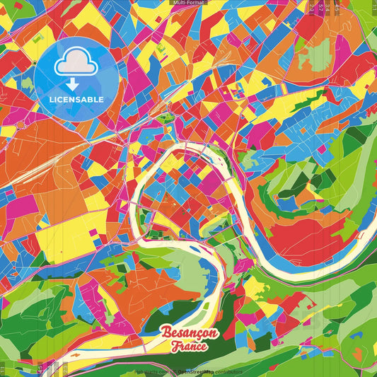 Besançon, Doubs, France Crazy Colorful Street Map Poster Template