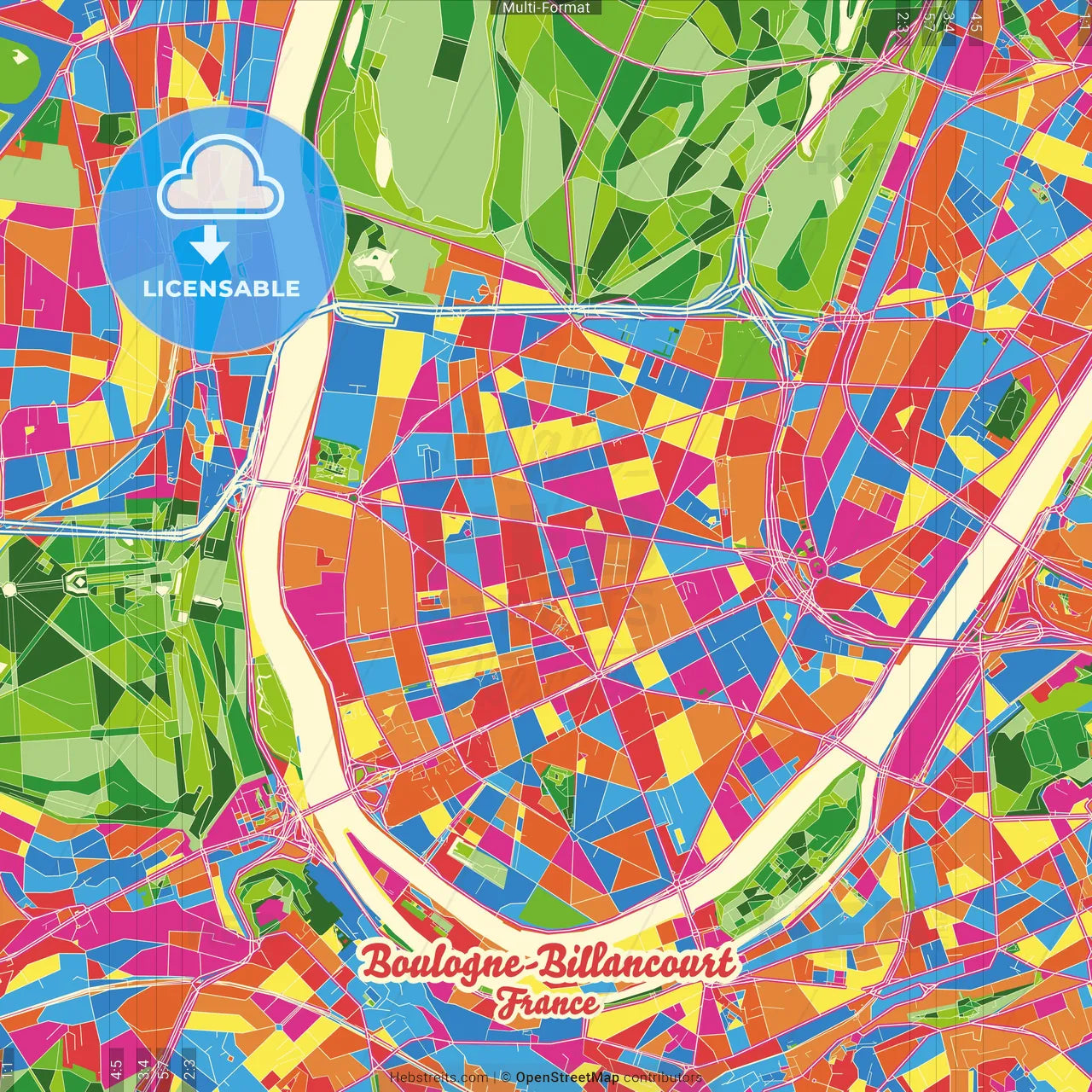 Boulogne-Billancourt, Hauts-de-Seine, France Crazy Colorful Street Map Poster Template