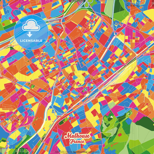 Mulhouse, Haut-Rhin, France Crazy Colorful Street Map Poster Template