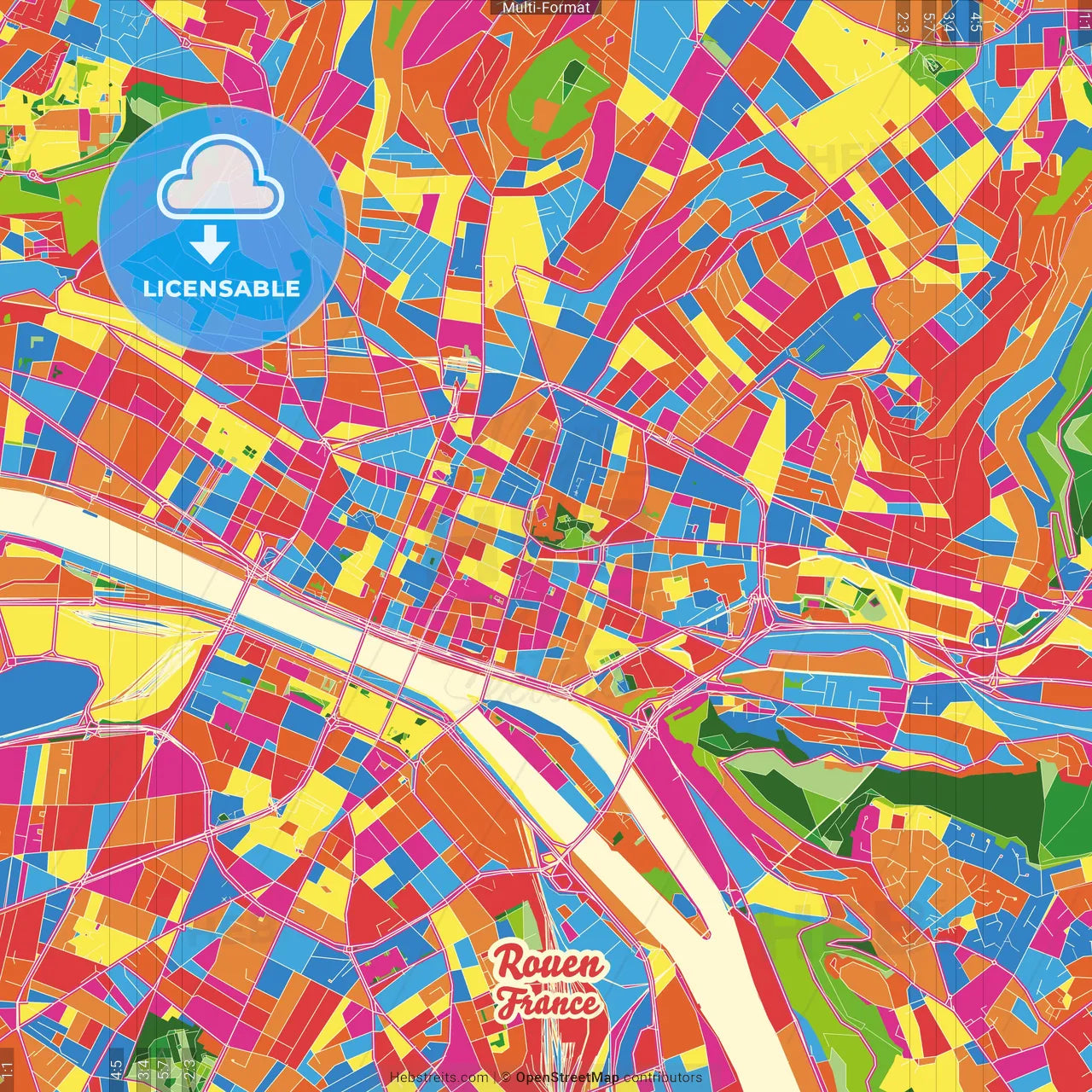 Rouen, Seine-Maritime, France Crazy Colorful Street Map Poster Template