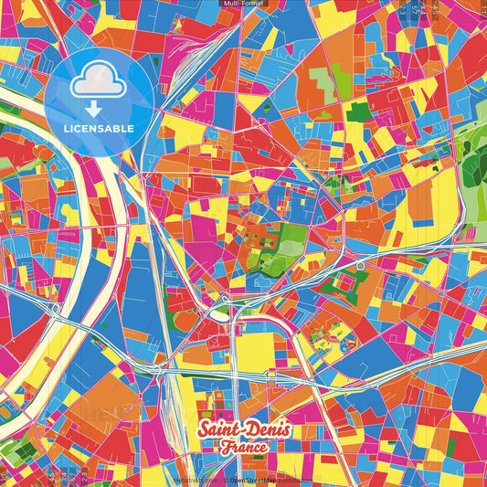 Saint-Denis, Seine-Saint-Denis, France Crazy Colorful Street Map Poster Template
