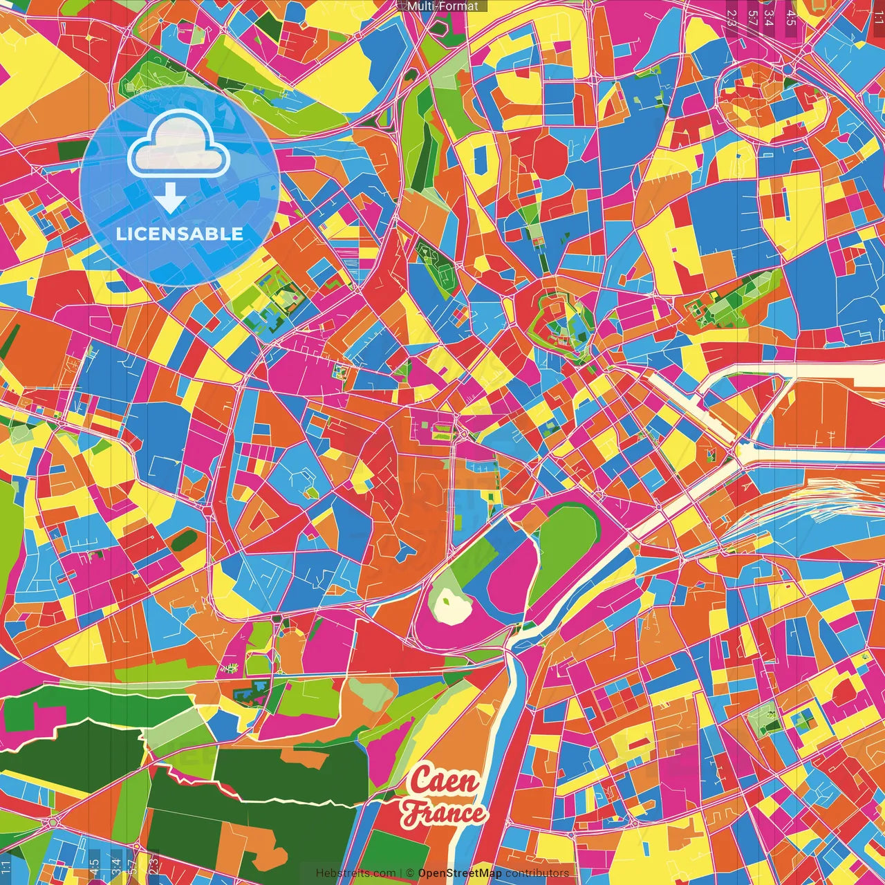 Caen, Calvados, France Crazy Colorful Street Map Poster Template
