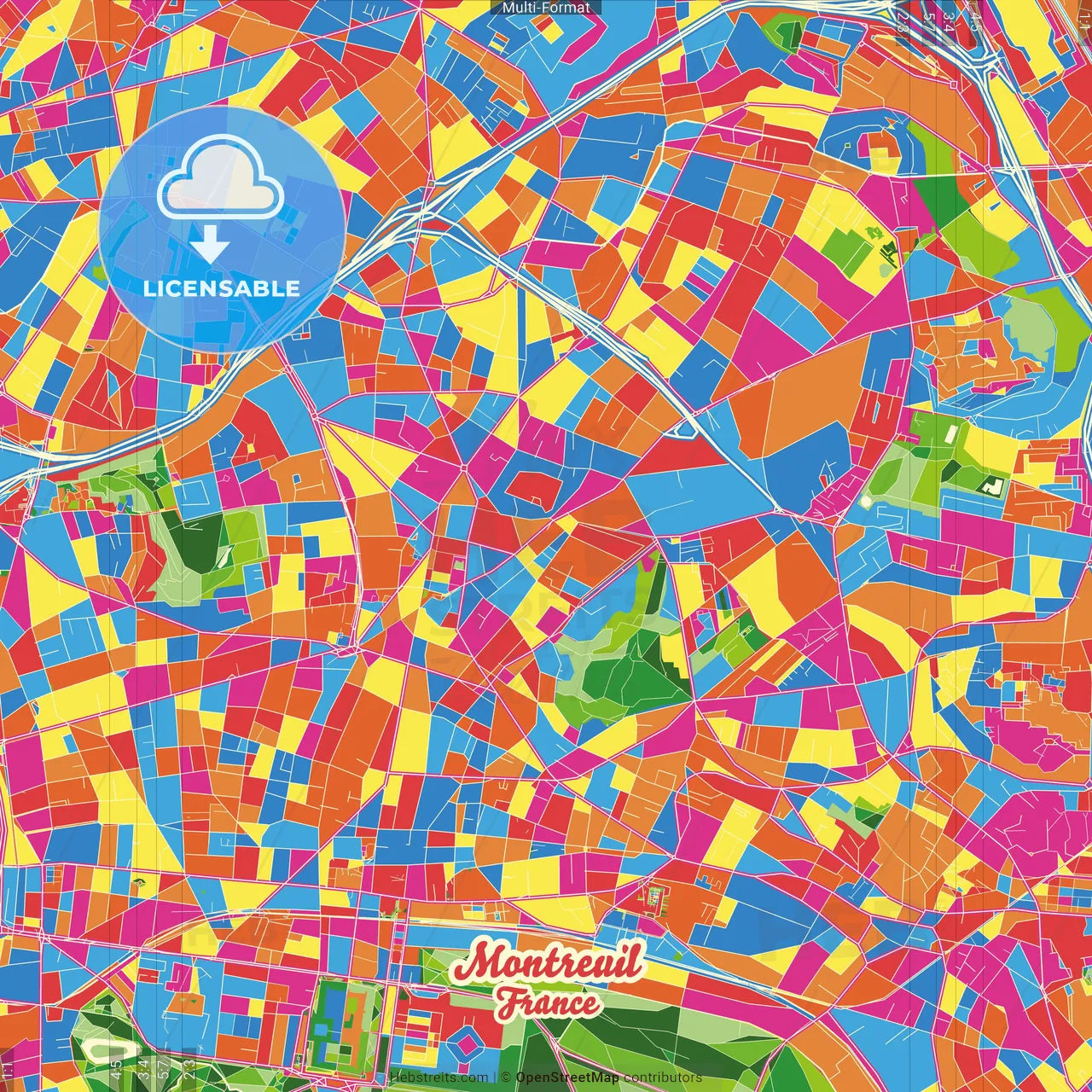 Montreuil, Seine-Saint-Denis, France Crazy Colorful Street Map Poster Template