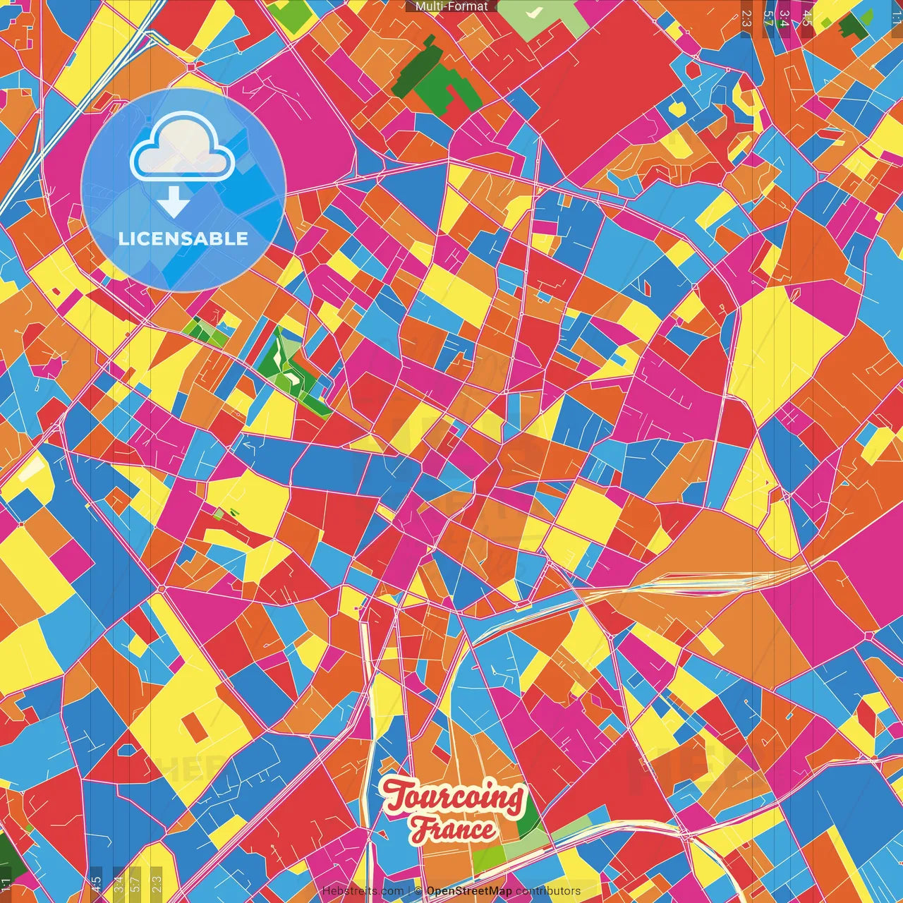 Tourcoing, Nord, France Crazy Colorful Street Map Poster Template