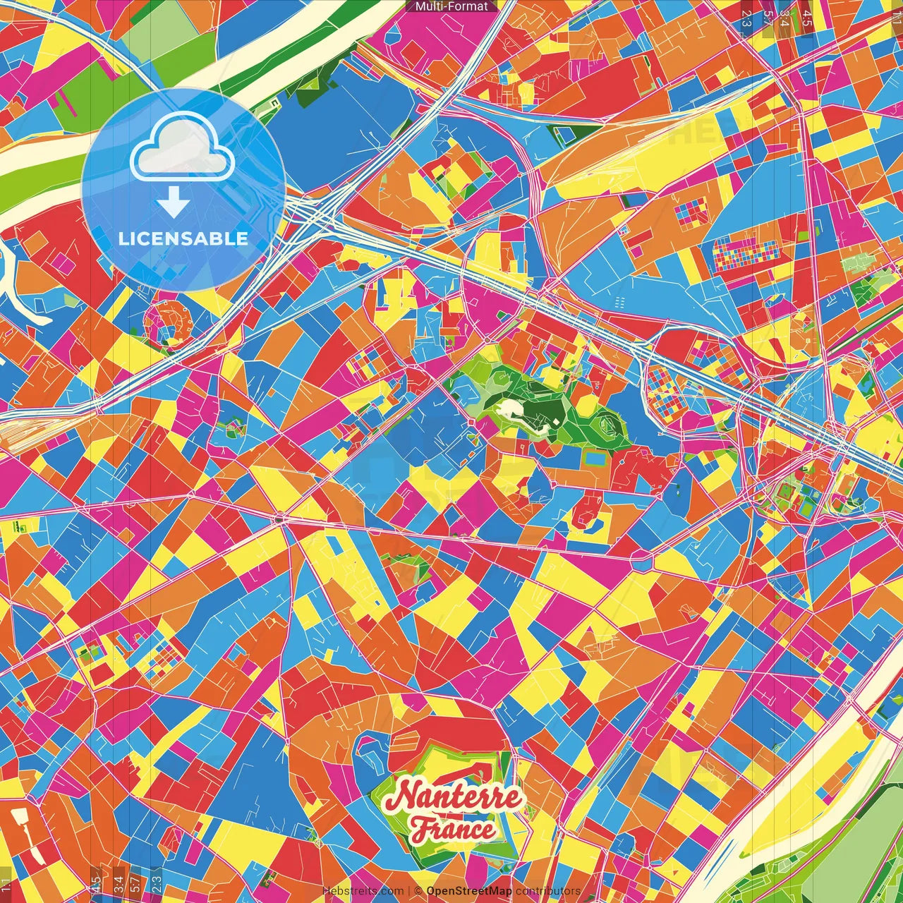 Nanterre, Hauts-de-Seine, France Crazy Colorful Street Map Poster Template