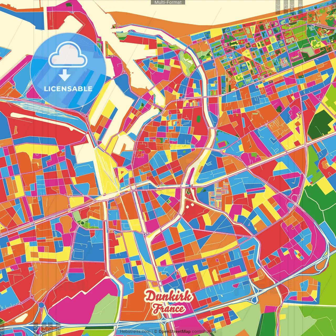 Dunkirk, Nord, France Crazy Colorful Street Map Poster Template