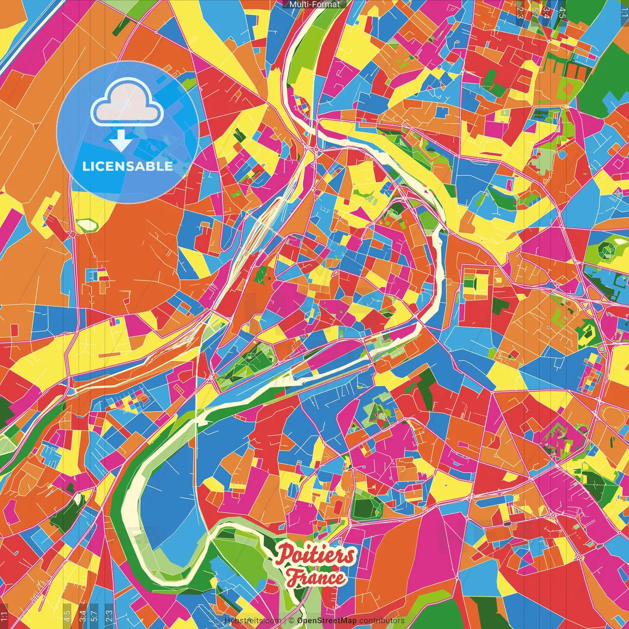 Poitiers, Vienne, France Crazy Colorful Street Map Poster Template