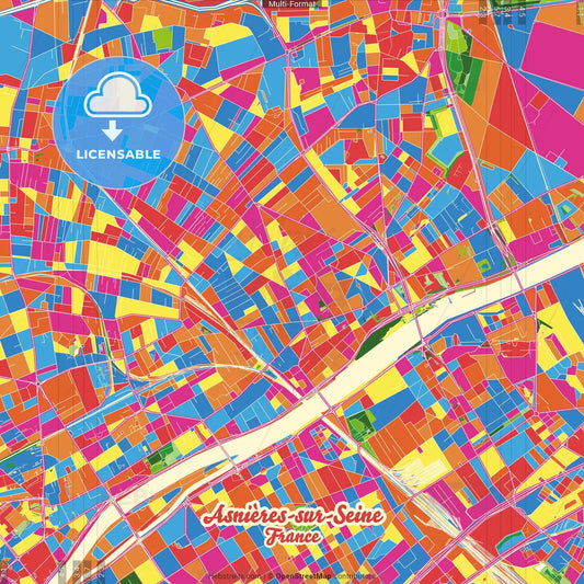 Asnières-sur-Seine, Hauts-de-Seine, France Crazy Colorful Street Map Poster Template