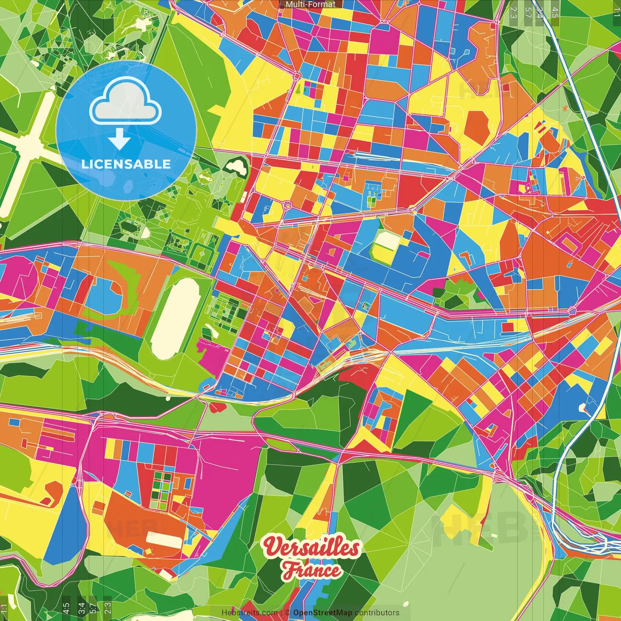 Versailles, Yvelines, France Crazy Colorful Street Map Poster Template