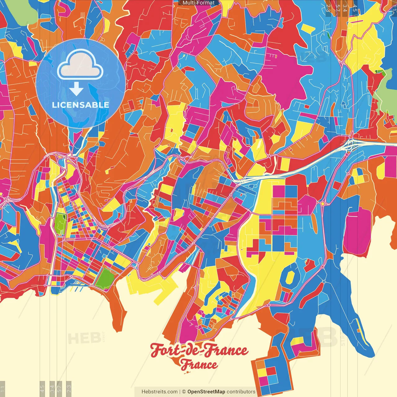 Fort-de-France, Martinique, France Crazy Colorful Street Map Poster Template