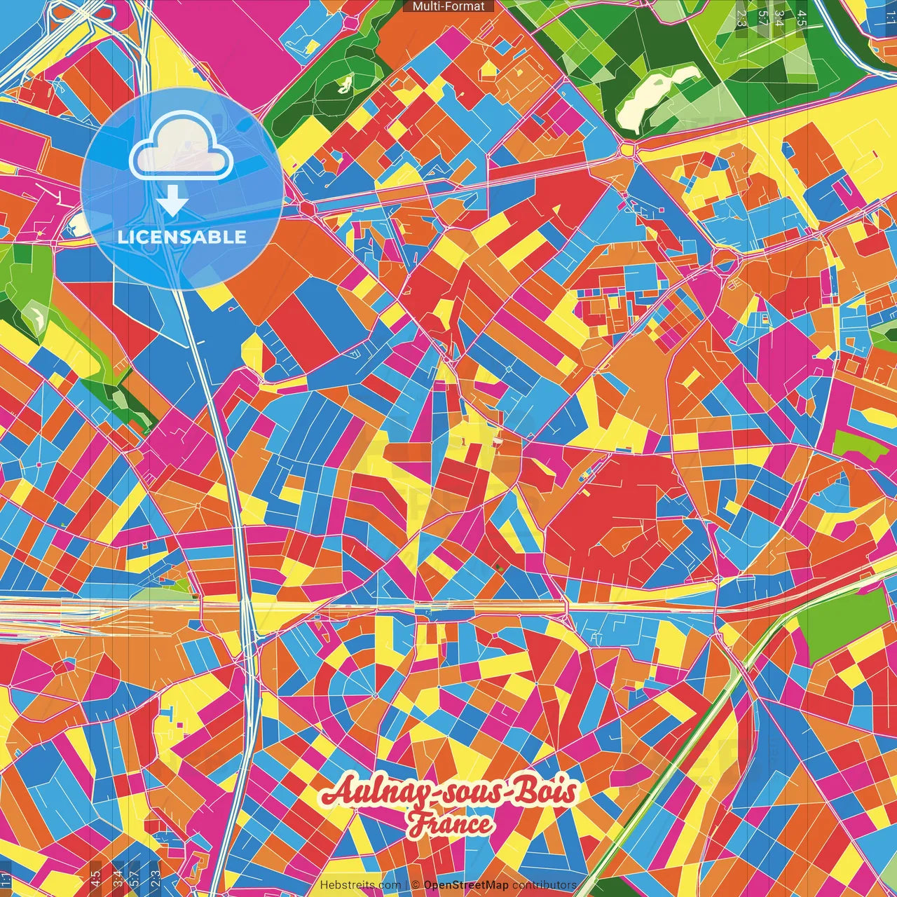 Aulnay-sous-Bois, Seine-Saint-Denis, France Crazy Colorful Street Map Poster Template