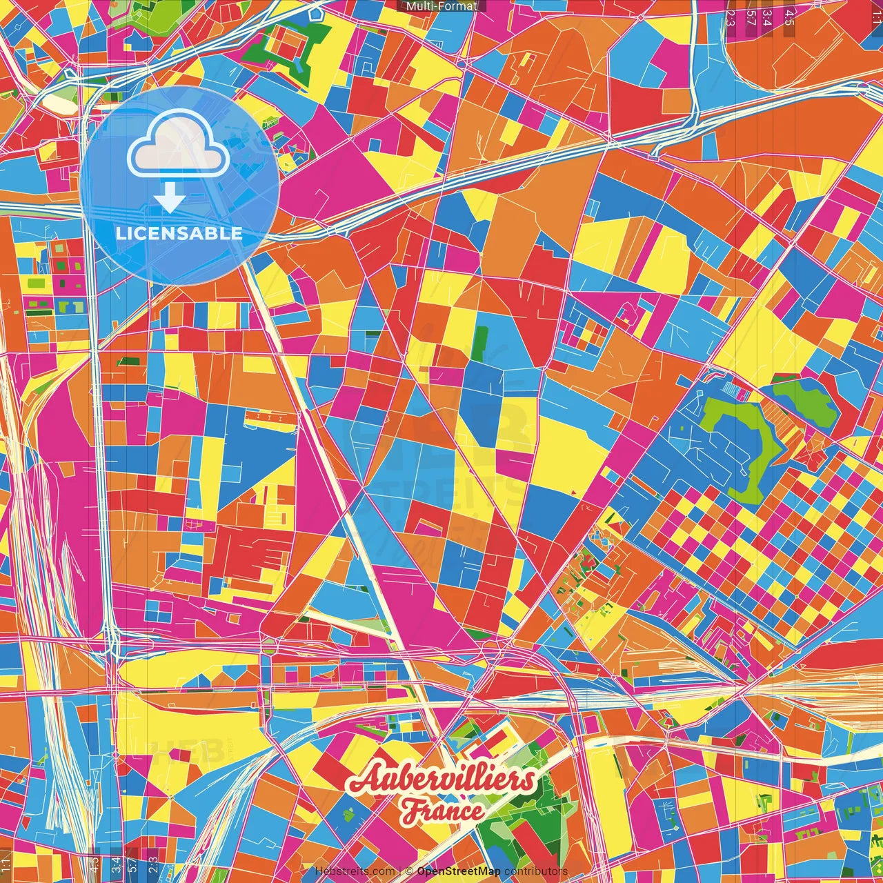 Aubervilliers, Seine-Saint-Denis, France Crazy Colorful Street Map Poster Template