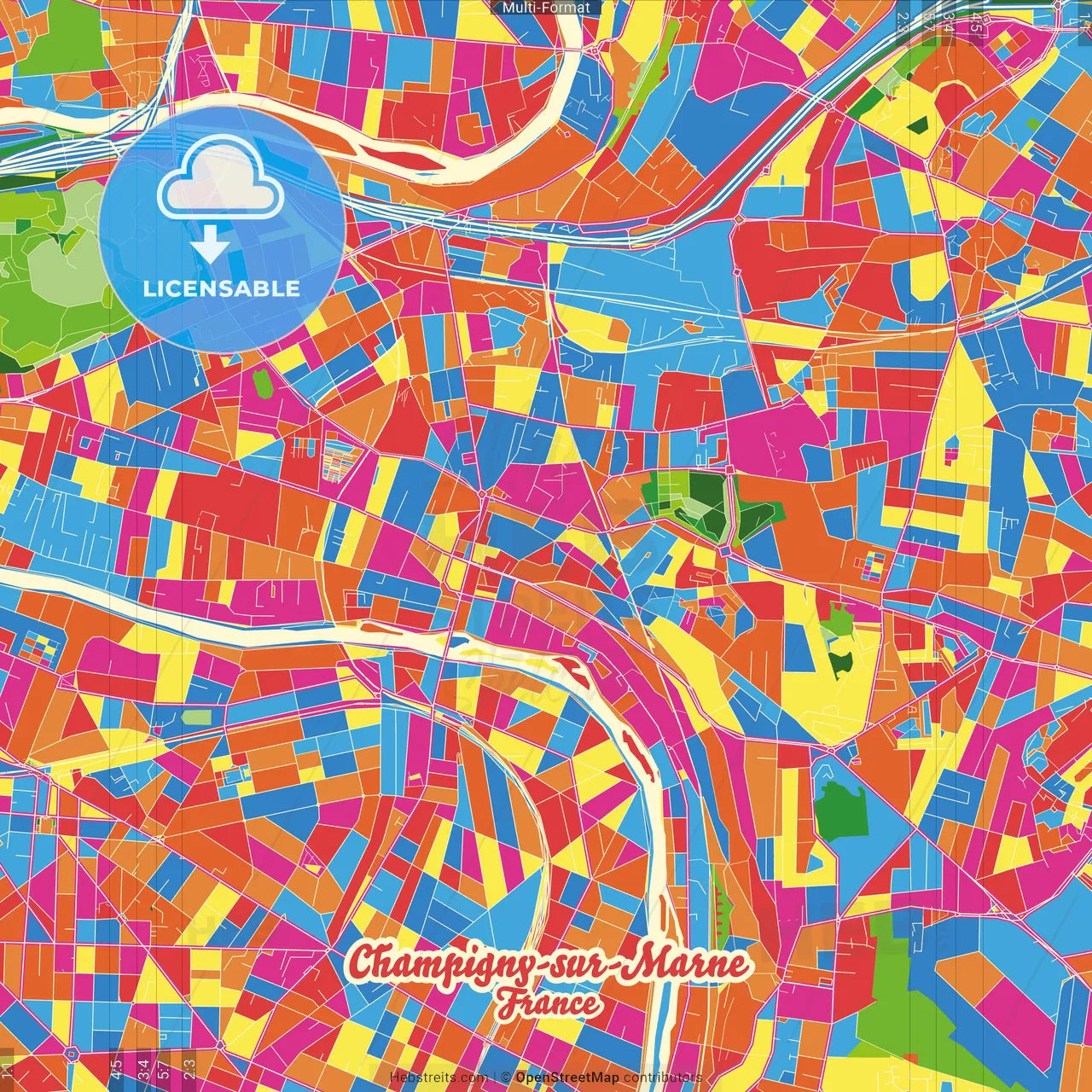 Champigny-sur-Marne, Val-de-Marne, France Crazy Colorful Street Map Poster Template