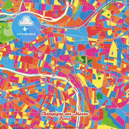 Champigny-sur-Marne, Val-de-Marne, France Crazy Colorful Street Map Poster Template