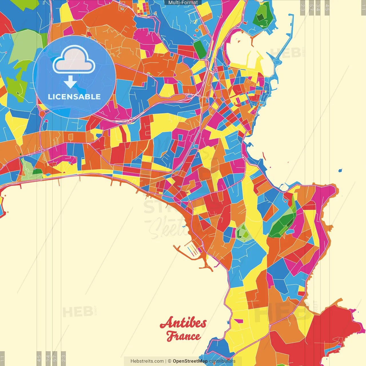 Antibes, Alpes-Maritimes, France Crazy Colorful Street Map Poster Template