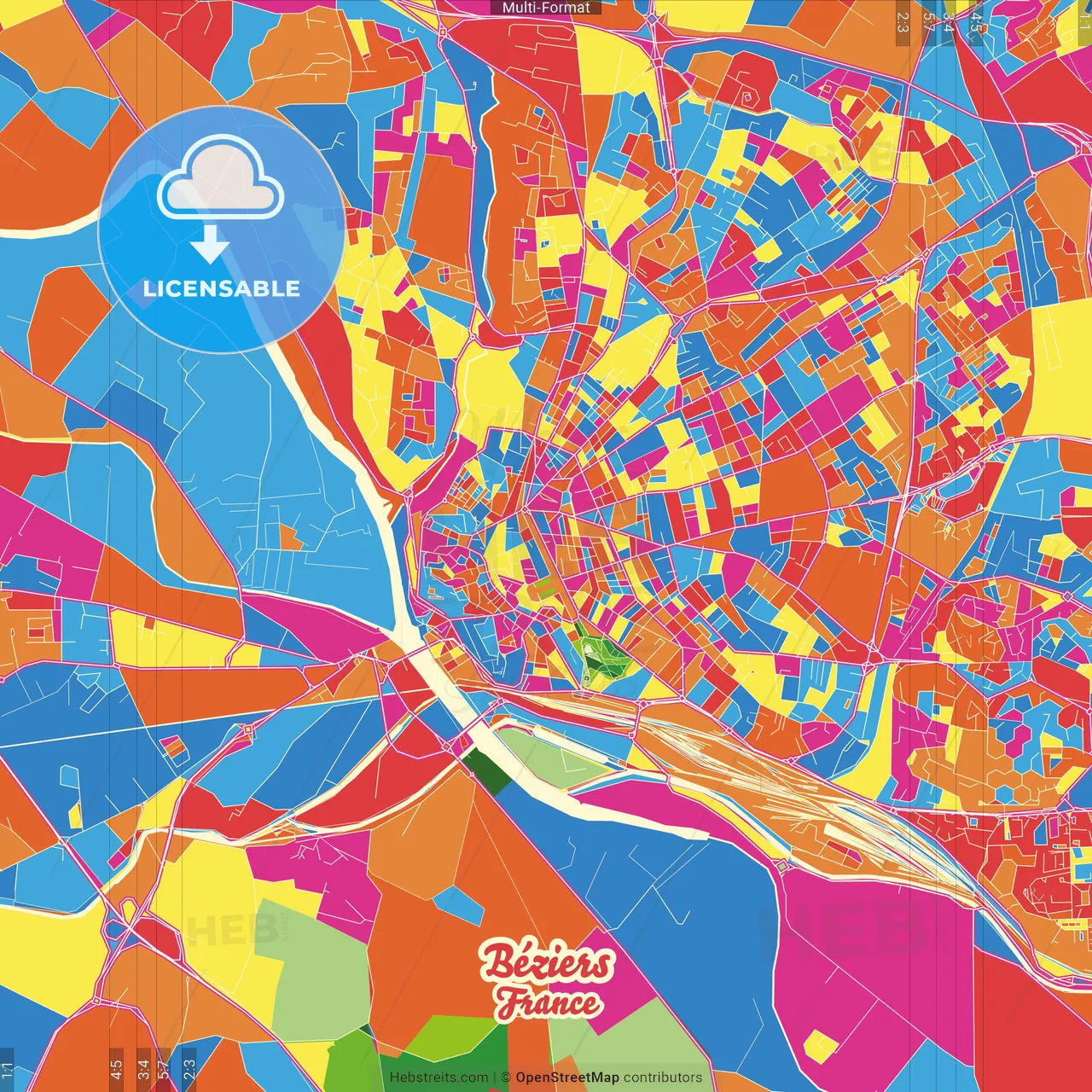 Béziers, Hérault, France Crazy Colorful Street Map Poster Template