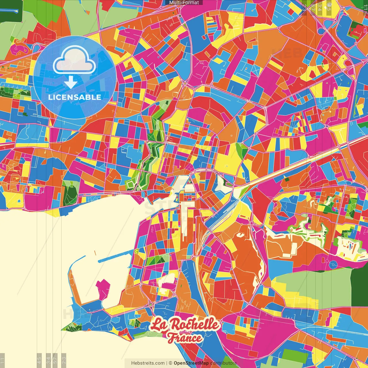 La Rochelle, Charente-Maritime, France Crazy Colorful Street Map Poster Template