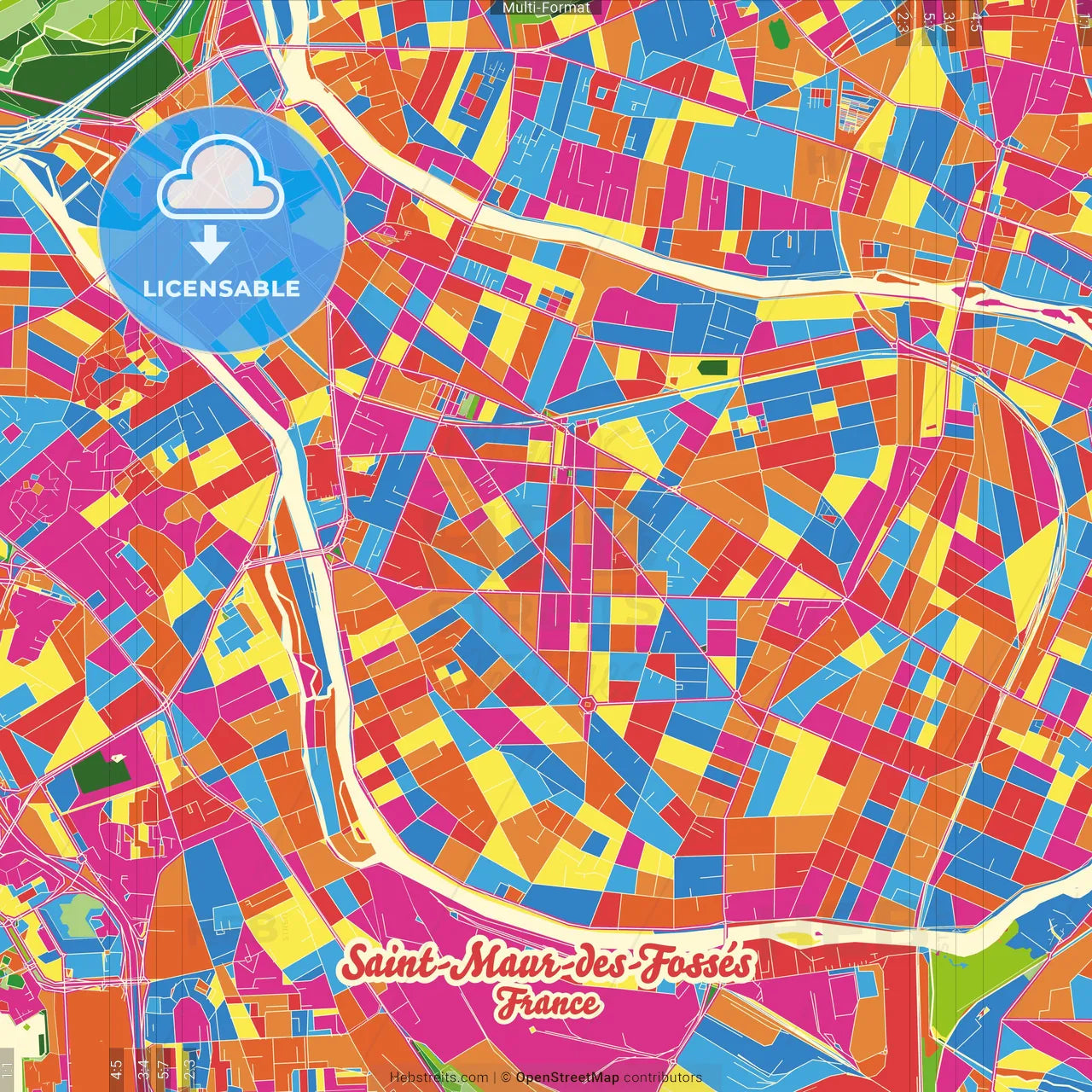Saint-Maur-des-Fossés, Val-de-Marne, France Crazy Colorful Street Map Poster Template