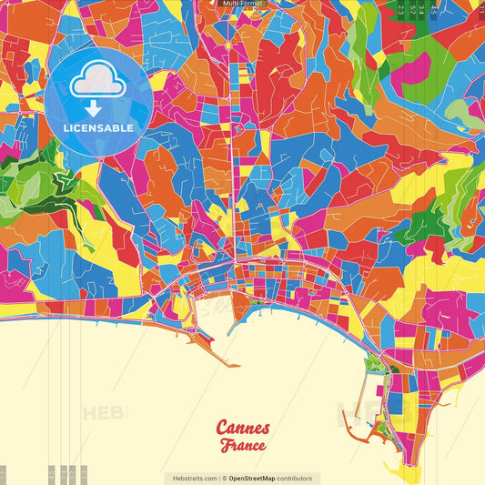 Cannes, Alpes-Maritimes, France Crazy Colorful Street Map Poster Template