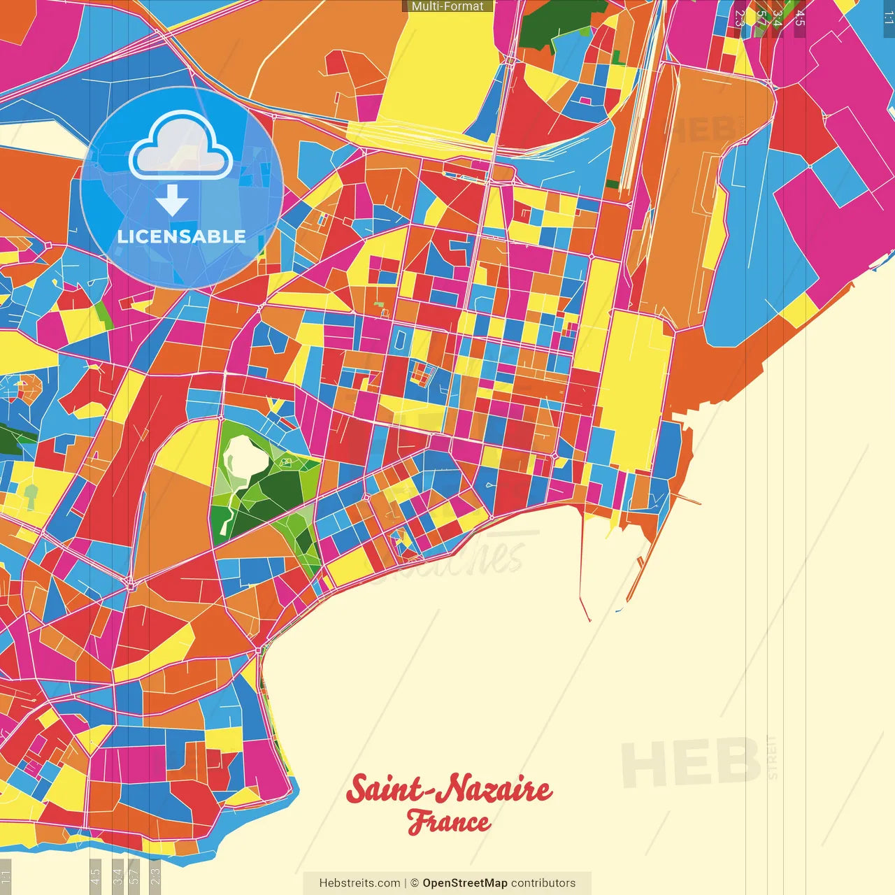 Saint-Nazaire, Loire-Atlantique, France Crazy Colorful Street Map Poster Template