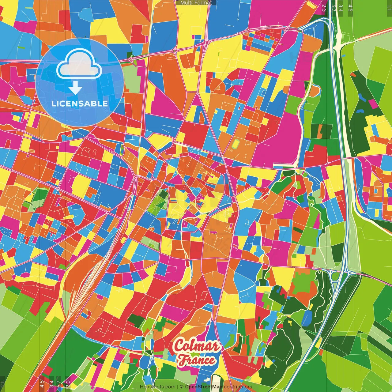 Colmar, Haut-Rhin, France Crazy Colorful Street Map Poster Template