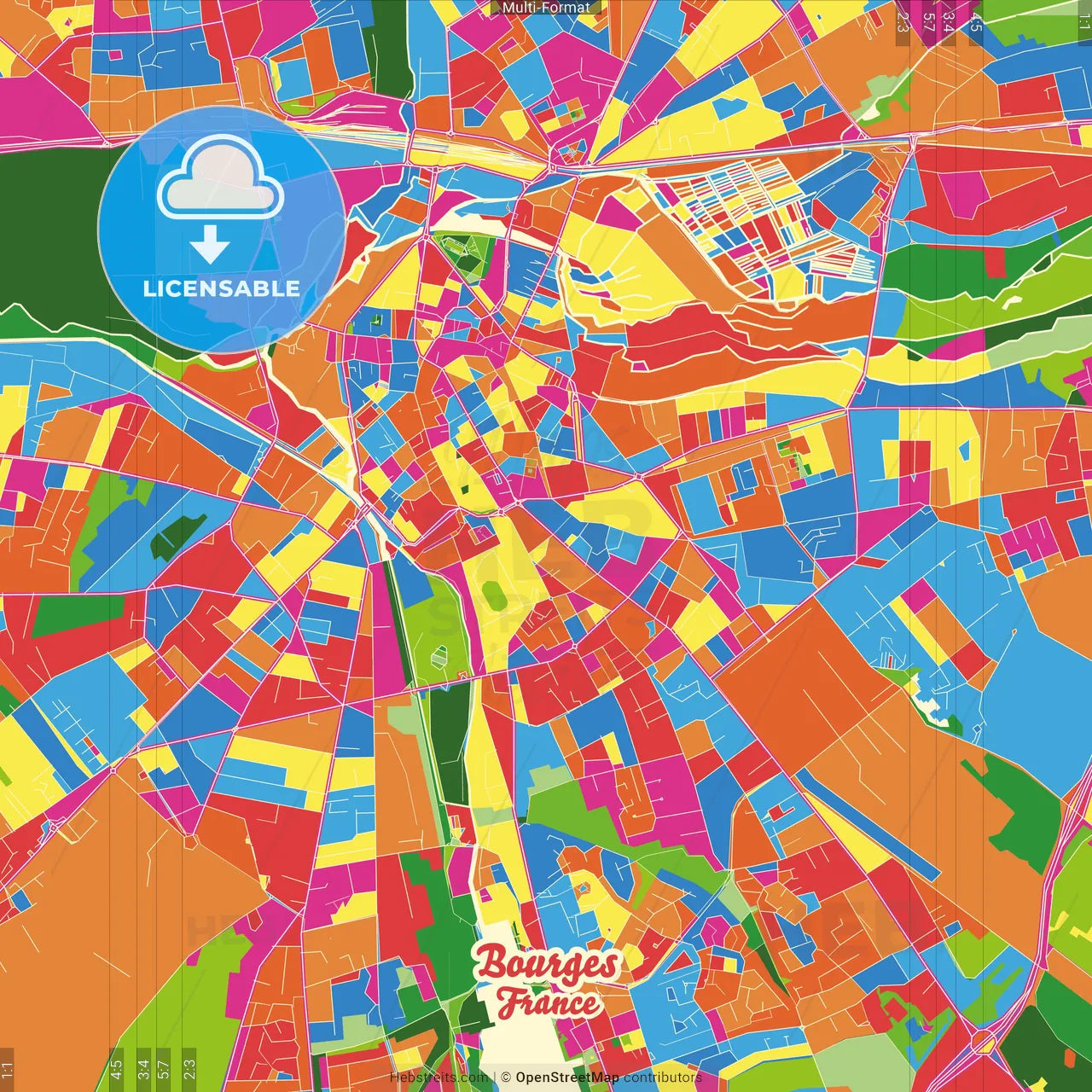 Bourges, Cher, France Crazy Colorful Street Map Poster Template
