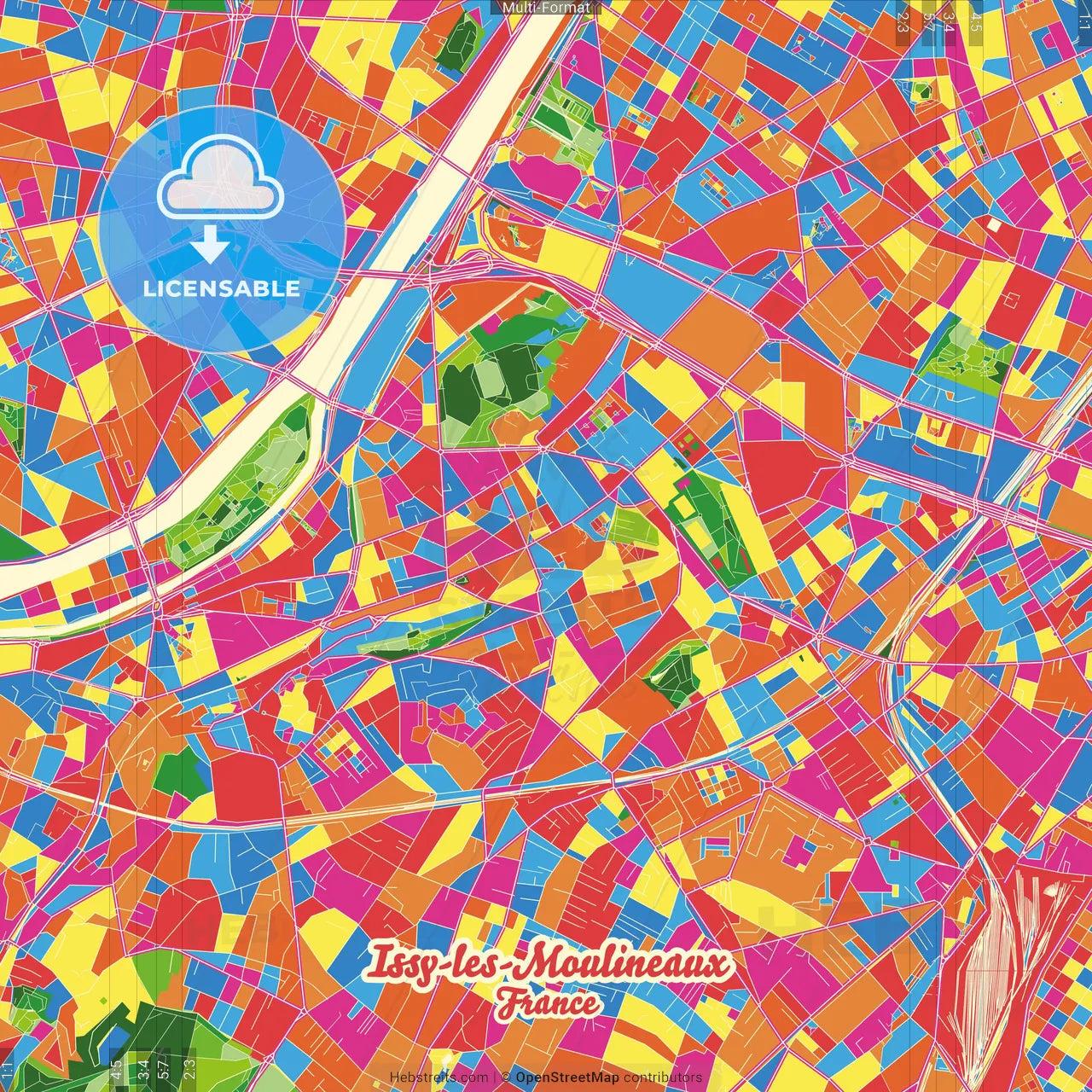 Issy-les-Moulineaux, Hauts-de-Seine, France Crazy Colorful Street Map Poster Template