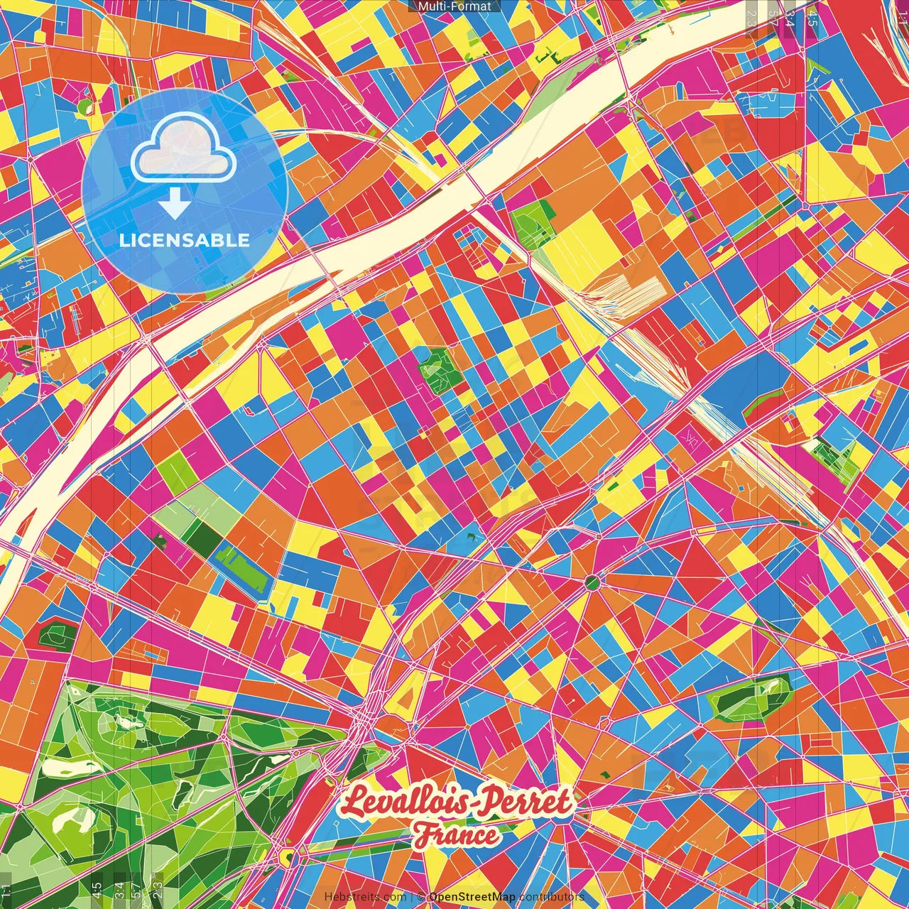 Levallois-Perret, Hauts-de-Seine, France Crazy Colorful Street Map Poster Template