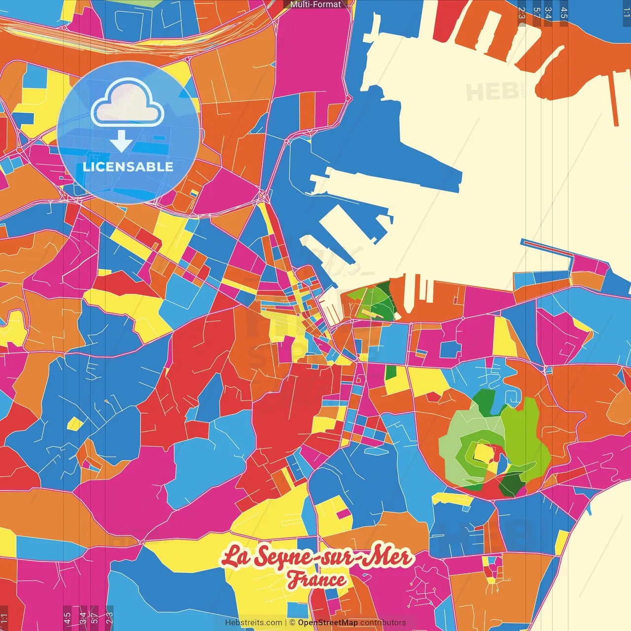La Seyne-sur-Mer, Var, France Crazy Colorful Street Map Poster Template