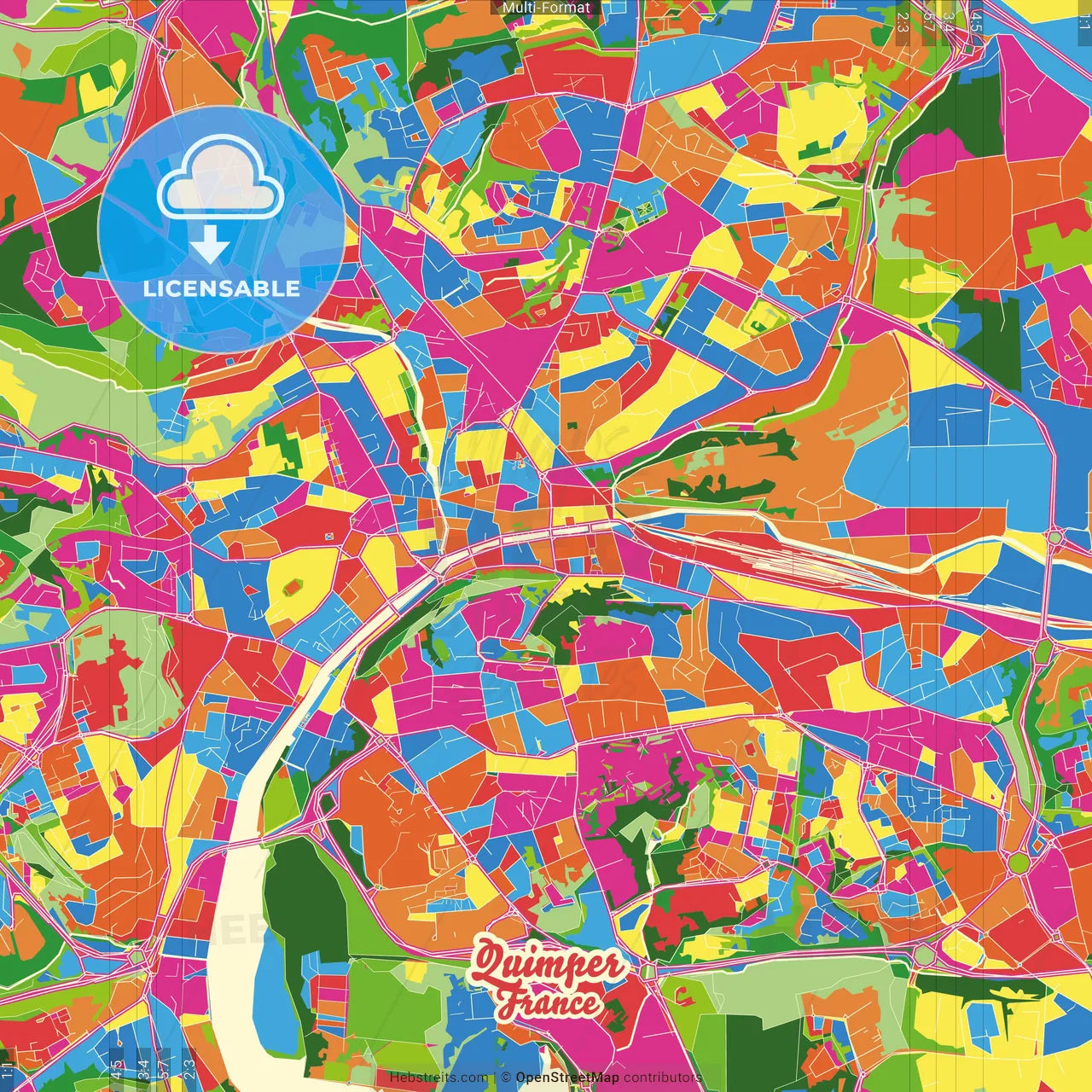 Quimper, Finistère, France Crazy Colorful Street Map Poster Template