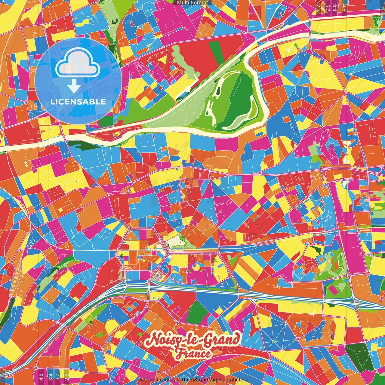 Noisy-le-Grand, Seine-Saint-Denis, France Crazy Colorful Street Map Poster Template