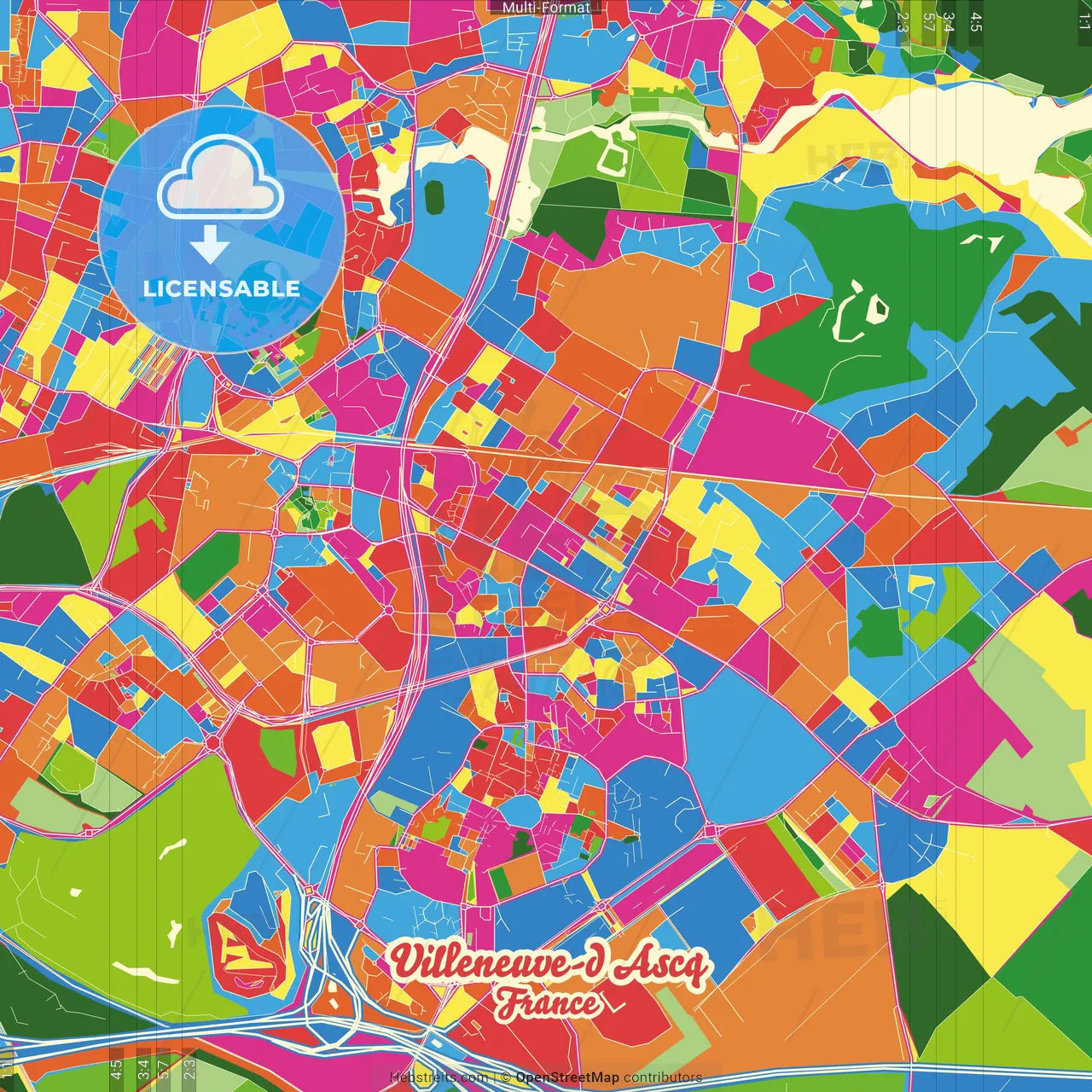 Villeneuve-d Ascq, Nord, France Crazy Colorful Street Map Poster Template