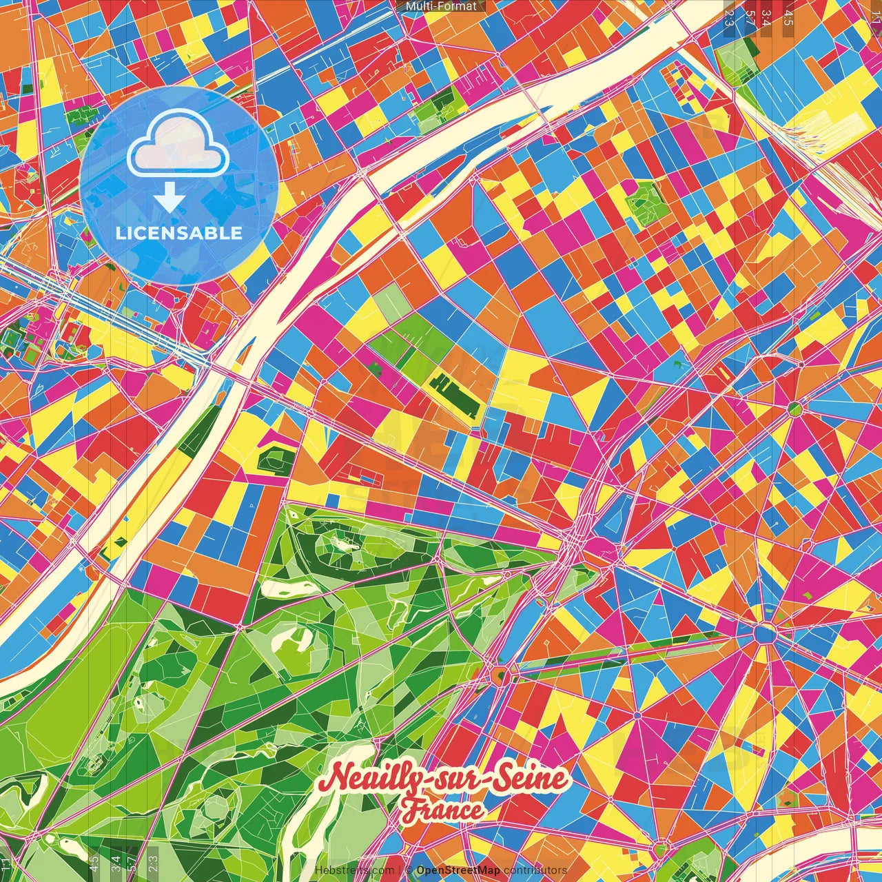 Neuilly-sur-Seine, Hauts-de-Seine, France Crazy Colorful Street Map Poster Template
