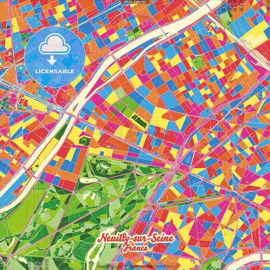 Neuilly-sur-Seine, Hauts-de-Seine, France Crazy Colorful Street Map Poster Template