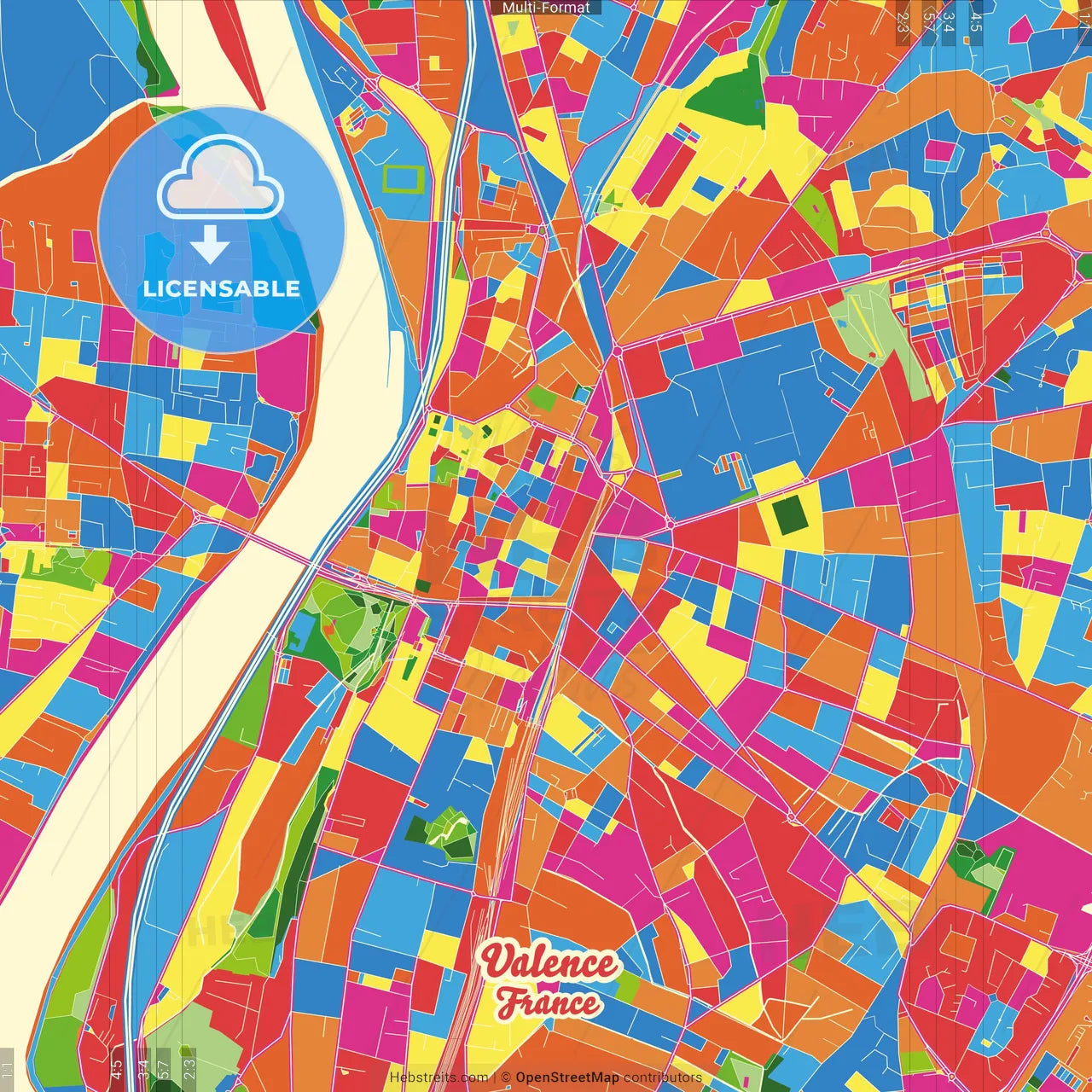 Valence, Drôme, France Crazy Colorful Street Map Poster Template