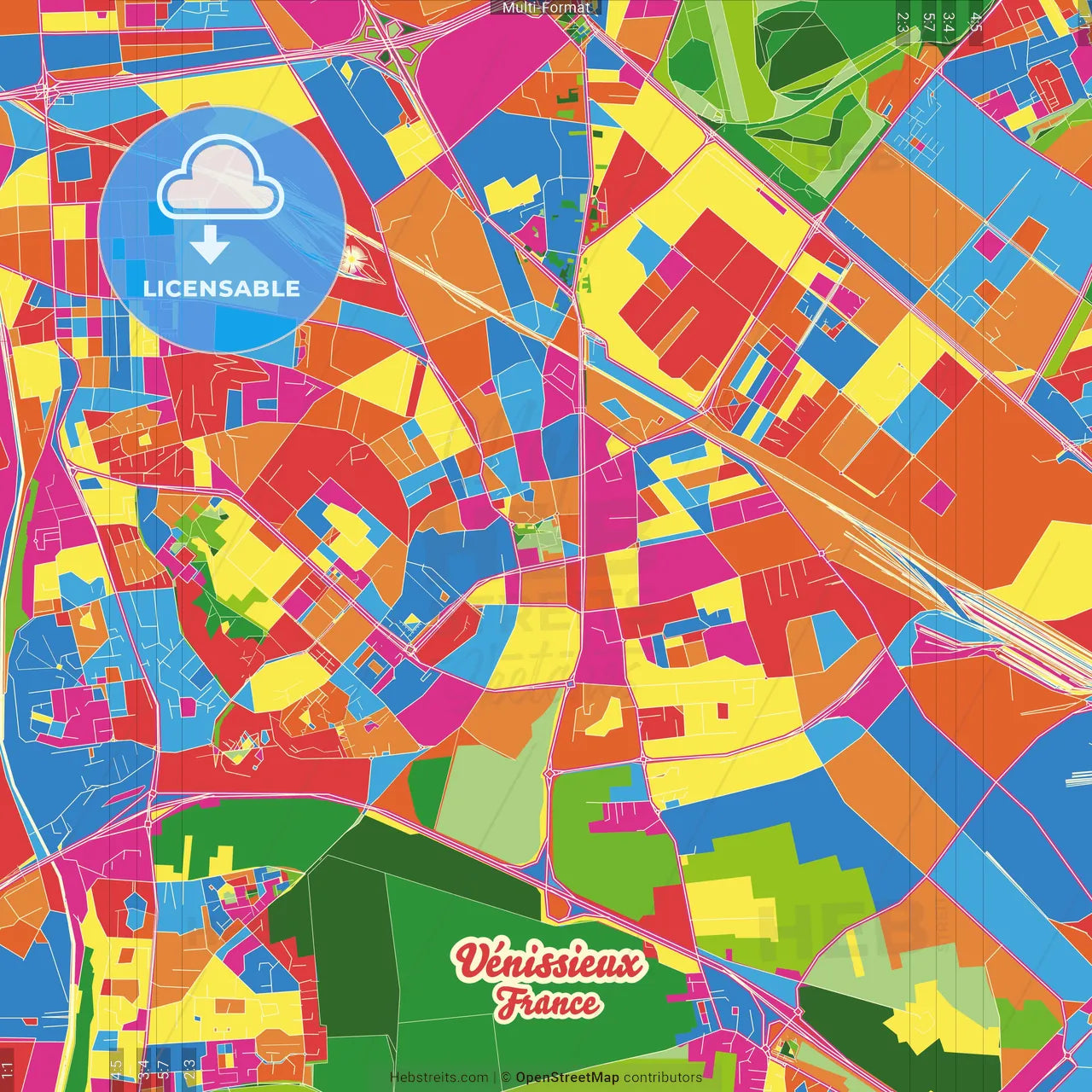 Vénissieux, Rhône, France Crazy Colorful Street Map Poster Template