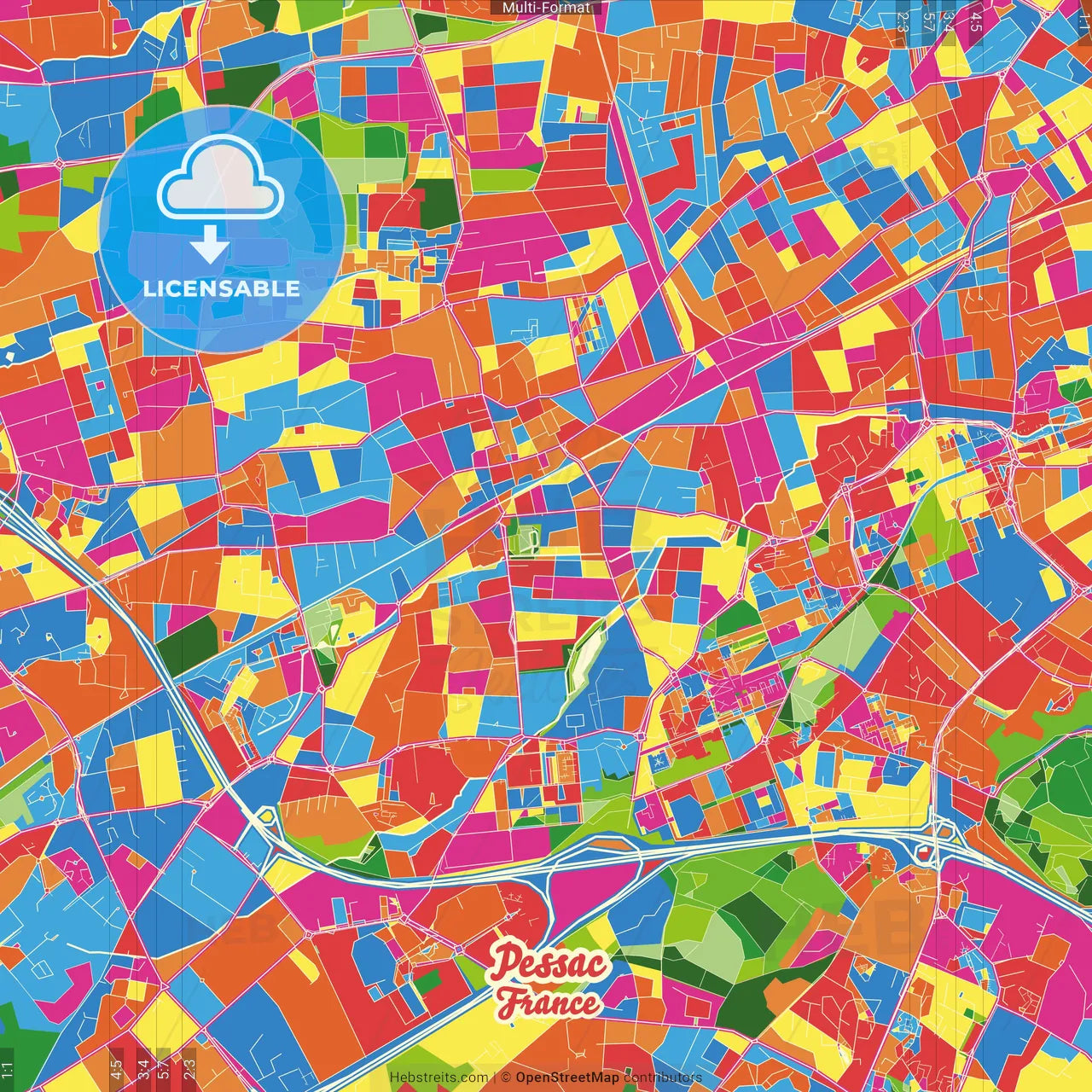 Pessac, Gironde, France Crazy Colorful Street Map Poster Template