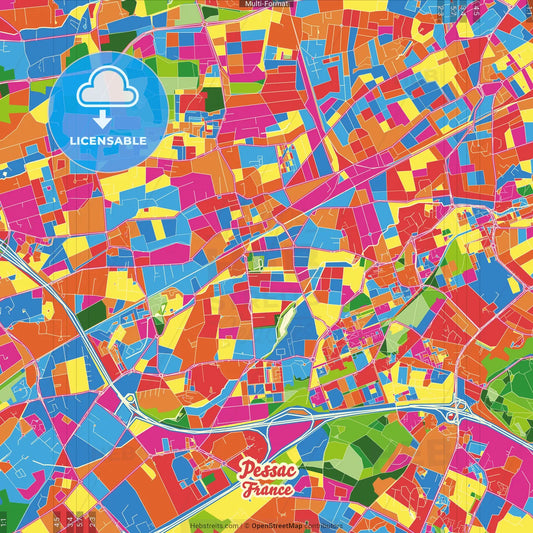 Pessac, Gironde, France Crazy Colorful Street Map Poster Template
