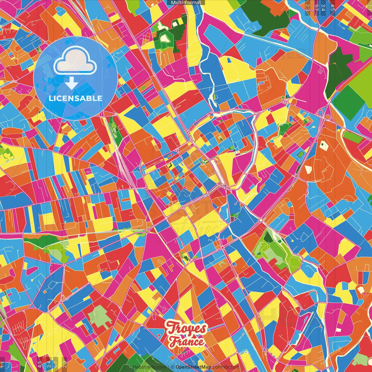 Troyes, Aube, France Crazy Colorful Street Map Poster Template