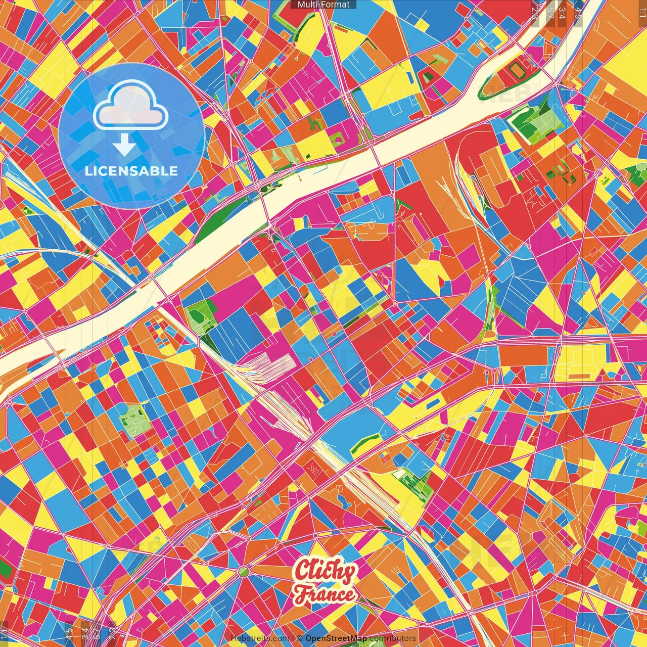 Clichy, Hauts-de-Seine, France Crazy Colorful Street Map Poster Template