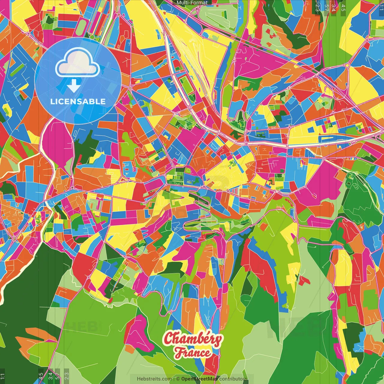 Chambéry, Savoie, France Crazy Colorful Street Map Poster Template