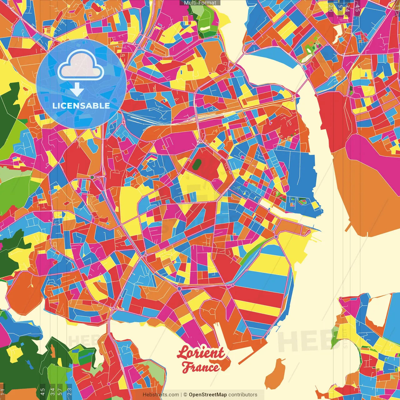 Lorient, Morbihan, France Crazy Colorful Street Map Poster Template