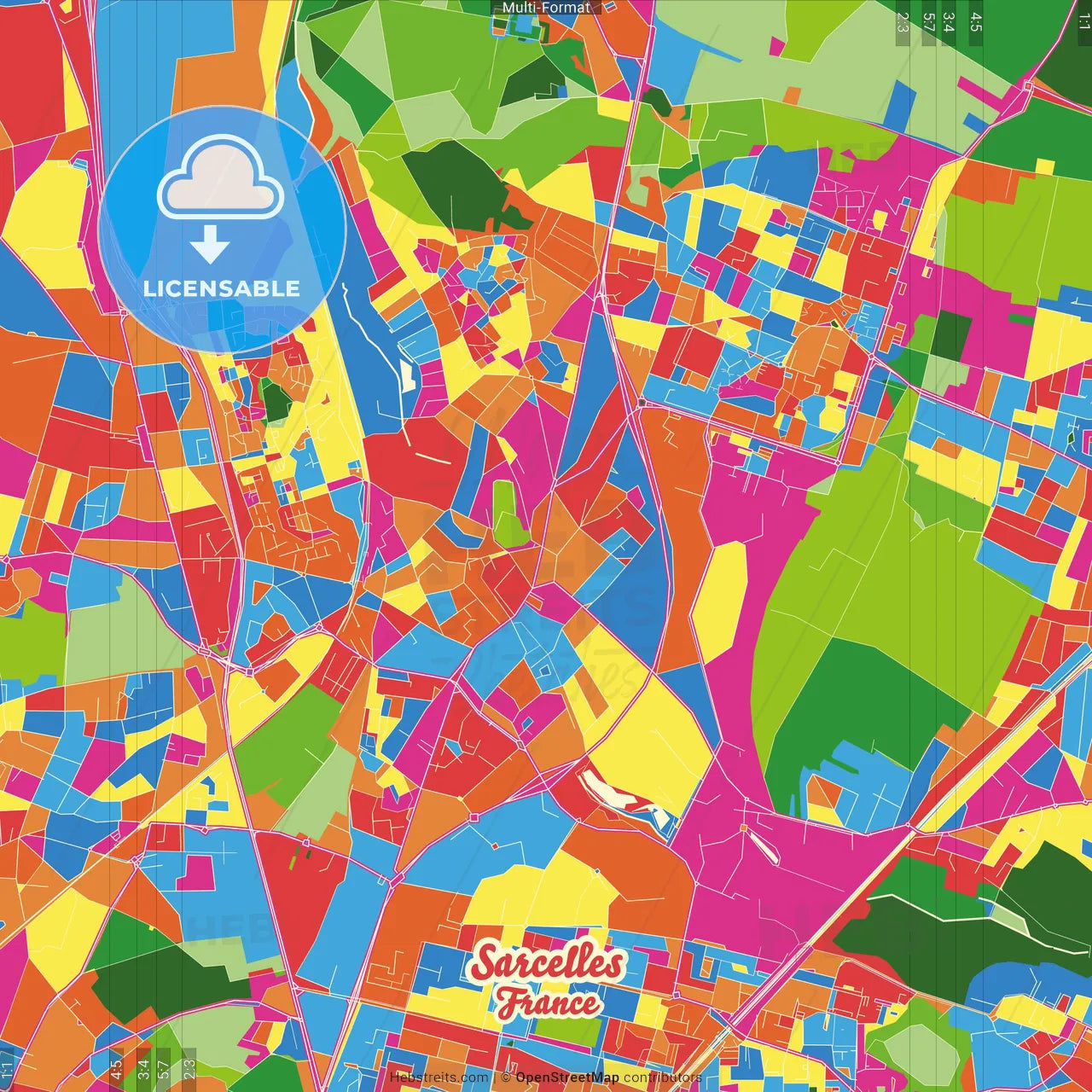 Sarcelles, Val-d Oise, France Crazy Colorful Street Map Poster Template