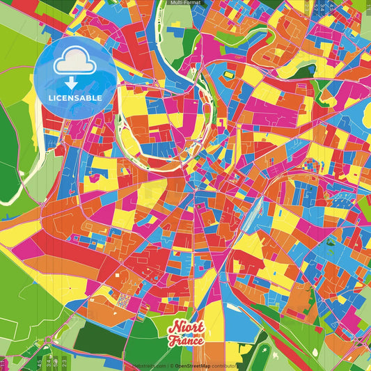 Niort, Deux-Sèvres, France Crazy Colorful Street Map Poster Template