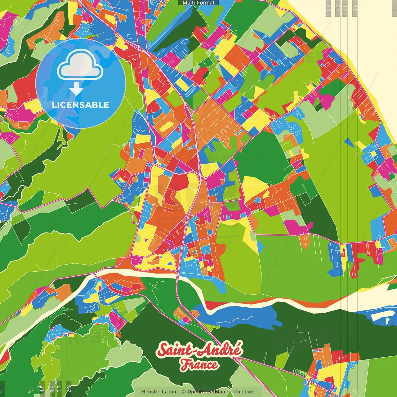 Saint-André, Réunion, France Crazy Colorful Street Map Poster Template