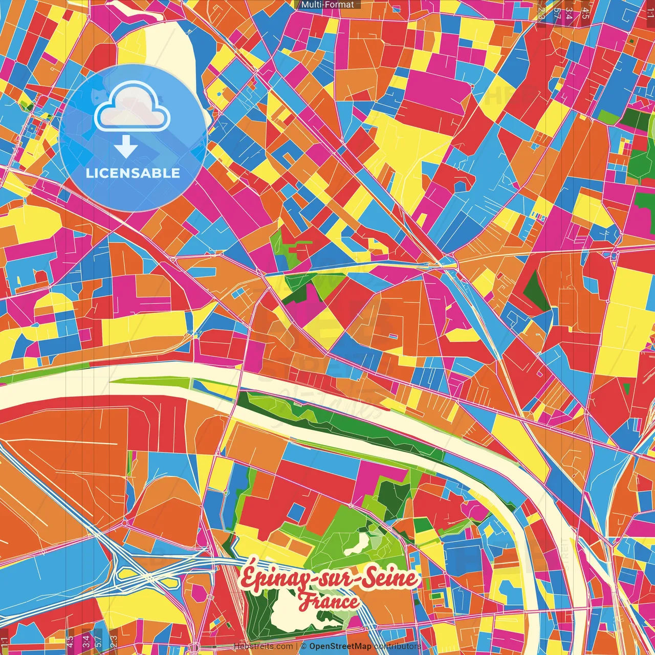 Épinay-sur-Seine, Seine-Saint-Denis, France Crazy Colorful Street Map Poster Template